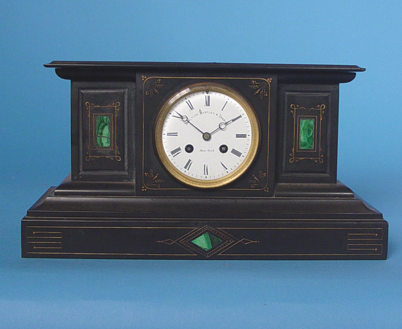 French Japy Freres Marble Clock with Malachite Inlay, — Antique Clocks Price Guide