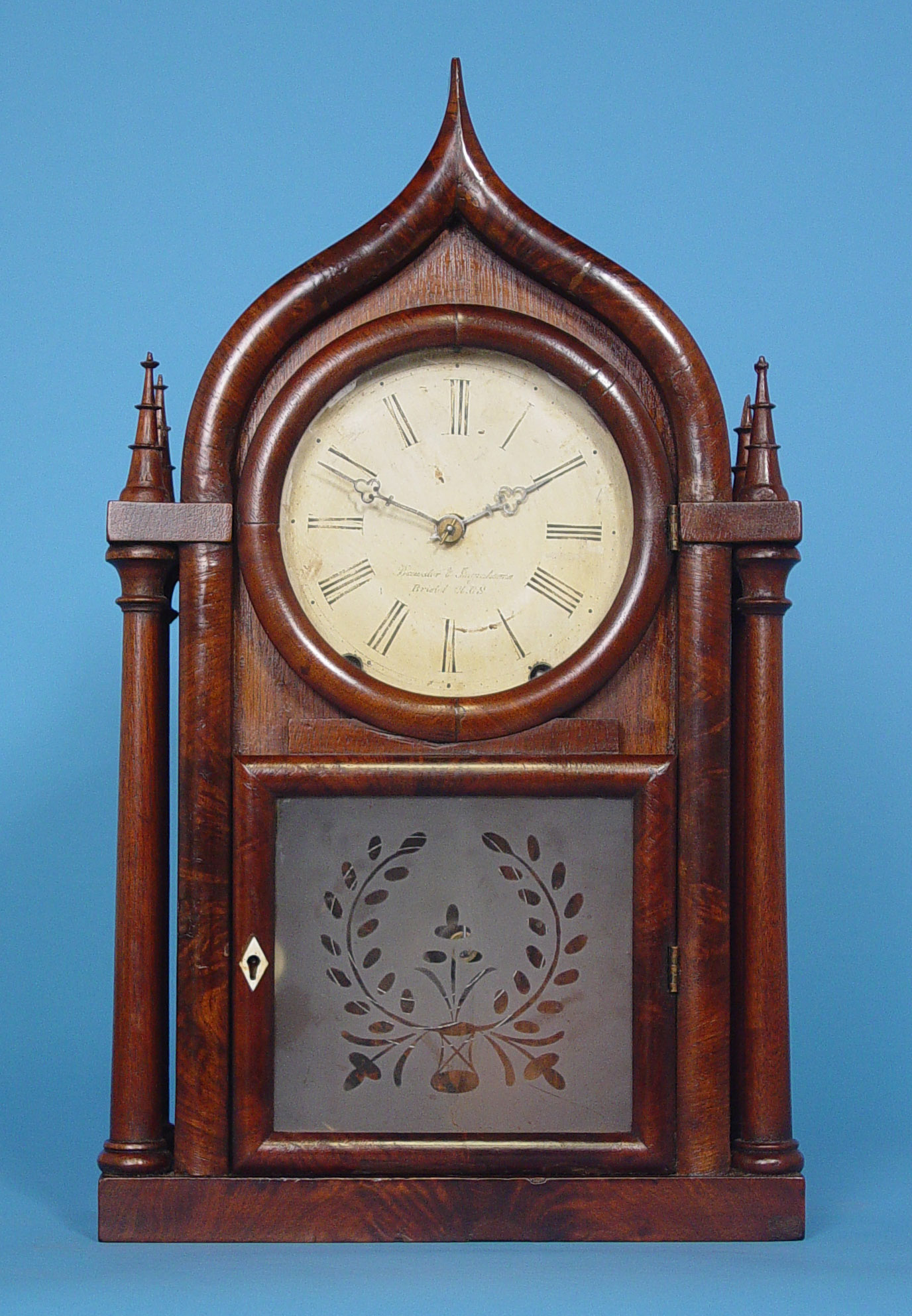 American Brewster and Ingrahams Walnut "Onion Top Candlestick" Shelf Clock, — Antique Clocks Price Guide