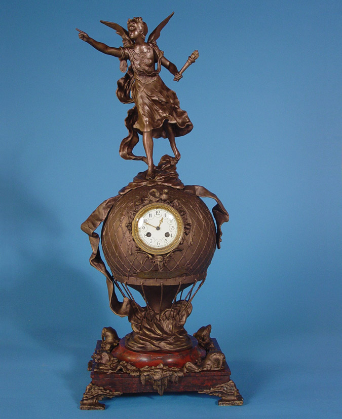 French August Moreau/S. Marti Large Balloon Flight Figural Victorian Table Clock, — Antique Clocks Price Guide