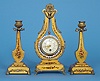 French Giltwood and Bronze Animated Pendulum Lyre Timepiece with Matching Candelabrum,