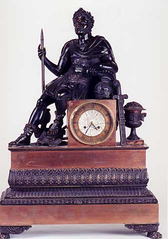 CHARLES X EMPIRE STYLE PATINATED BRONZE AND COPPER STATUE CLOCK, French, dated 1827, — Antique Clocks Price Guide
