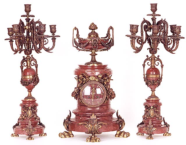 A FRENCH BRONZE AND RED MARBLE CLOCK GARNITURE; mid-19th century, clock by Barrard & Vignon, — Antique Clocks Price Guide