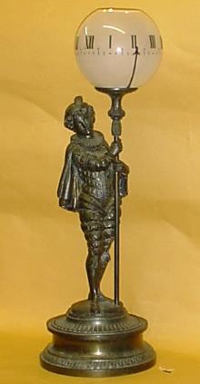 Nightlight clock in which a Cavalier nightlighter holds a staff with a numbered glass bowl on top. — Antique Clocks Price Guide