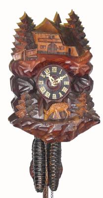 C.1935, German, 30-hour time/strike cuckoo clock, in Bavarian Chalet motif. Little windows on each side the cuckoo door light up from a battery activated by the cuckoo. — Antique Clocks Price Guide