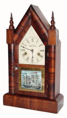 C.1866, Gilbert Mfg, Winsted, Conn, 30-hour time and strike steeple, rosewood veneer. — Antique Clocks Price Guide