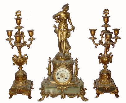 C.1895 French, 8-day time/strike marble and gilt figural mantel clock and garniture set — Antique Clocks Price Guide