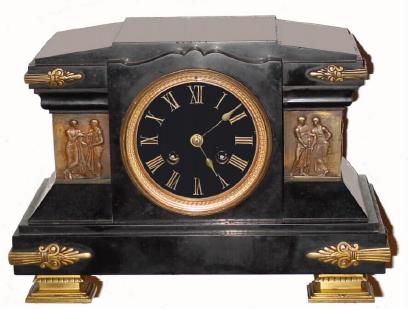 C.1890 French, 8-day time/strike black marble mantel clock with applied mountings and frieze. — Antique Clocks Price Guide