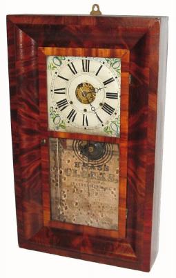 C.1855, Chauncey Jerome, OG Shelf clock, Mahogany veneer, 30-hour, 3-weight with integral alarm. — Antique Clocks Price Guide