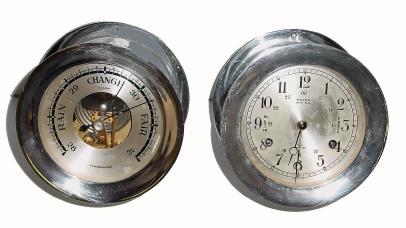 C.1970, Swiss ÒSalemÓ line, nickel plated ShipÕs Bell and Barometer set with 4Ò dials. Note shadow on barometer makes it look larger, but both are same size. — Antique Clocks Price Guide