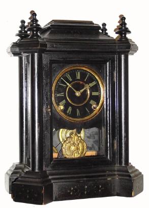 C.1886 E. Ingraham Co., ÓDominoÒ, 8-day time/strike black enameled mantel clock. — Antique Clocks Price Guide