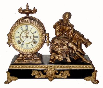 C.1894, Ansonia ÒSHAKESPEAREÓ figural clock, 8-day, time and strike, painted spelter statue on cast iron base. — Antique Clocks Price Guide
