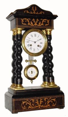 C.1870, French, 4-Column, Empire style mantel clock, with inlay. 8-day time and bell strike. — Antique Clocks Price Guide