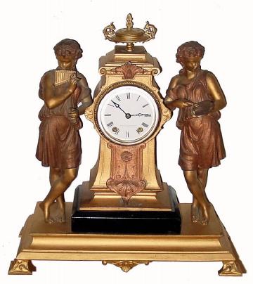C.1870, Seth Thomas Sons and Co., New York, pattern #8055, artist and flautist, 8-day time and strike, patinated spelter mantel clock. — Antique Clocks Price Guide