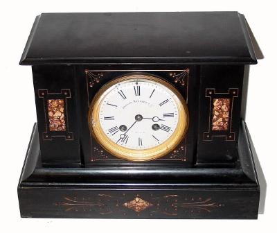C.1890, French, for Bigelow, Kennard and Co., black marble clock, with onyx accent inserts in case, 8-day, time and strike. — Antique Clocks Price Guide