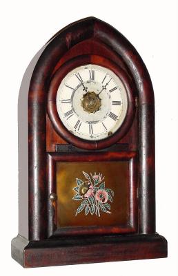 C.1870, Ansonia, 8-Day Beehive Clock, time, strike and alarm, with mahogany veneer and stenciled floral tablet. — Antique Clocks Price Guide