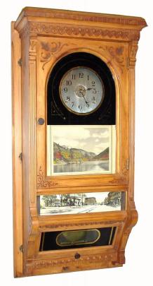 C.1890, Specialty Clock with Seth Thomas movement. Se LyÕs 1996 Seth Thomas book, page 172 for similar burglar alarm cased clocks. There were other specialized clocks for hotels and fire departments. This one has large double spring time movement with central alarm disc. — Antique Clocks Price Guide