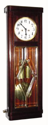 C.1915, German, Gustav Becker, 2-Wt Box regulator, in a dark mahogany case with a nice door insert with 5 heavy panes of beveled glass, brass banded. — Antique Clocks Price Guide