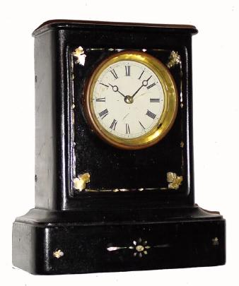 C.1858 Bradley and Hubbard, West Meriden, Conn., 8-day time/strike black enameled iron with MOP mantel clock. — Antique Clocks Price Guide