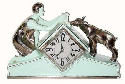 C.1930, French, Porcelain Timepiece, in classic Art Deco style with young lady petting a goat. — Antique Clocks Price Guide