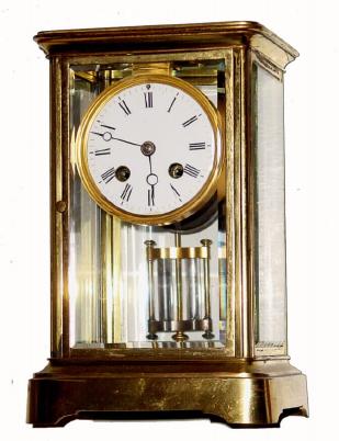 C.1900, French, U.F. Brevete, 8-day time/strike, 4-glass crystal regulator, small. — Antique Clocks Price Guide