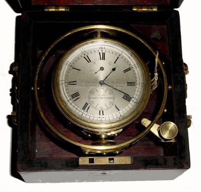 C.1860, English, Parkinson and Frodsham, 2-day marine chronometer, No. 596, in original mahogany box with top lid intact, and movement dust cover also intact. — Antique Clocks Price Guide