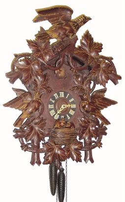 C.1935, German, Black Forest Cuckoo, Large, one day, 2-weight, 10 leaf pattern with 3 adult birds and 2 chicks in the nest. — Antique Clocks Price Guide