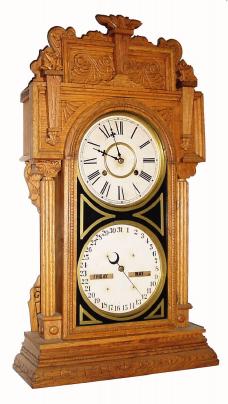C.1912 Waterbury Clock Co., ÒCalendar No. 43Ó, 8-day striking perpetual calendar clock in pressed oak. — Antique Clocks Price Guide