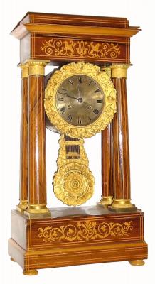 C.1875, French, 4-Pillar Empire style mantel clock, the light rosewood case inlaid with satinwood marquetry. — Antique Clocks Price Guide