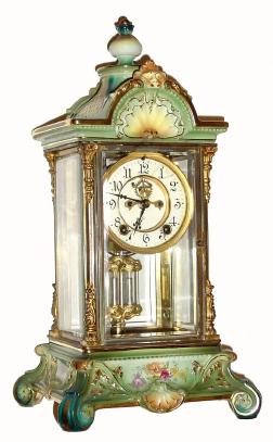 C.1914, Ansonia, Royal Bonn, ÓCrystal Regulator No. 4Ò, porcelain base and top, 4-glass mantel clock, time and strike. — Antique Clocks Price Guide