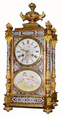 C.1890. French, Vincenti, Enamel and Gilt mantel clock with oval cameos, hand painted on each side. — Antique Clocks Price Guide