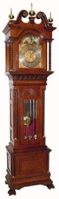 C.1895, Walter H. Durfee, RI, for ÓTiffany and Co., New YorkÒ, pattern 42, 9-tube quarter chime tall clock, with barley twist columns on hood, trunk and base. — Antique Clocks Price Guide