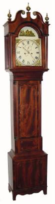 C.1840, English, 8-Day Painted Dial tall clock, with a mahogany veneer case with inlay around the door and on the base and underneath the center finial, and with fluted columns and bracket feet. — Antique Clocks Price Guide