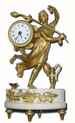 C.1875, French, Mini Ormolu and Marble figural clock, a running lady with torch and castanets on each hand, a water jug and bowl at her feet. — Antique Clocks Price Guide
