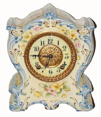 C.1898 William L. Gilbert Clock Co., ÓNo. 413Ò, 8-day time/strike porcelain mantel clock. — Antique Clocks Price Guide