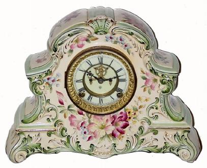 C.1905 Ansonia Clock Co., ÓPeconicÒ, 8-day time/strike porcelain mantel clock. — Antique Clocks Price Guide