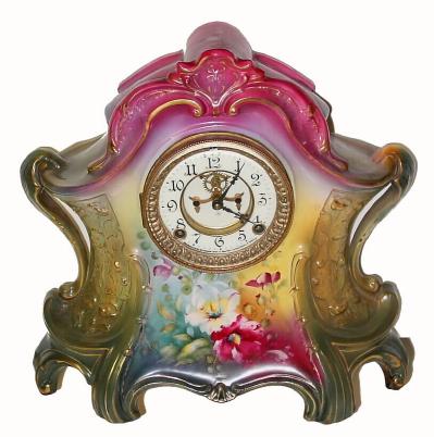 C.1905, Ansonia, Royal Bonn ÒLa LayonÓ porcelain shelf clock, 8-day time and strike. — Antique Clocks Price Guide