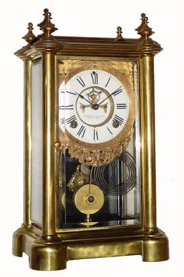 C.1894 Ansonia Clock Co., ÓSymbol ExtraÒ, 8-day time/strike crystal regulator, with original cast brass pendulum with ladyÕs face. — Antique Clocks Price Guide