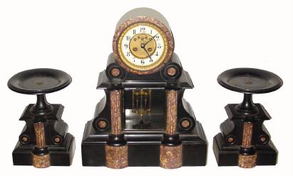 C.1900, French, 3-Piece Mantel set, black marble with contrasting rose colored onyx, with open brocot escapement with ruby red pallets. — Antique Clocks Price Guide