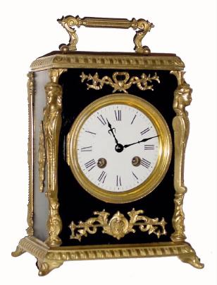 C.1905, French, Ormolu and Ebonized wood mantel clock, with female caryatids at the corners, with pivoted pendulum and bell strike, 8-day. — Antique Clocks Price Guide