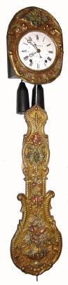 C.1870, French, Morbier Hour repeating prayer clock, with repousse pendulum and dial surround, and with central calendar. — Antique Clocks Price Guide