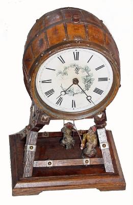 C.1890, German, ÒSWINGING CATÓ timepiece, 8-day. The movement contained within a painted tin barrel, painted to look like wood. The pendulum is a cat with red bandanna, swinging front to back, a string from the pendulum to a monkeyÕs arm which makes it look like the monkey is swinging the cat. — Antique Clocks Price Guide