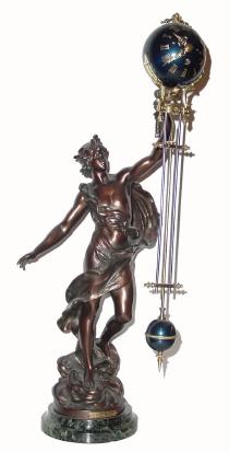 C.1890, French, Bronzed Spelter Swinging mystery timepiece or Òswing clockÓ, statue of ÒLe Lever du JourÓ Aug. Moreau, medaille dÕor. — Antique Clocks Price Guide