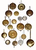 Box lot of 18 assorted US and foreign shelf clock pendulums/bobs as found; 