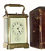 C.1900, Brass Cased Carriage Clock, time, strike, repeat with alarm with travel case, with unusual shield trademark and letters B-D. 