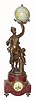 First qtr 20th Century, French, Large Figural with Globe. Clock in red marble base, and the female figure showing child the globe held aloft in her left hand.