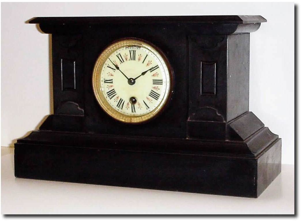 C.1895, Boston Clock Co., "Tandem Wind' black marble cased mantel clock, serial no. 9388. — Antique Clocks Price Guide
