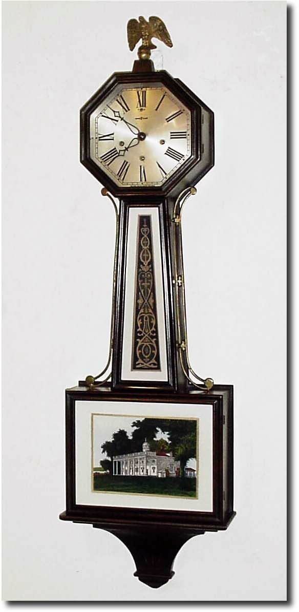 C.1928, New Haven "Washington' Banjo, in nice original condition, except for the tablets, which have been replaced with Catterall card stock copies. Retains good black and gold label on the rear (some tears in label). — Antique Clocks Price Guide