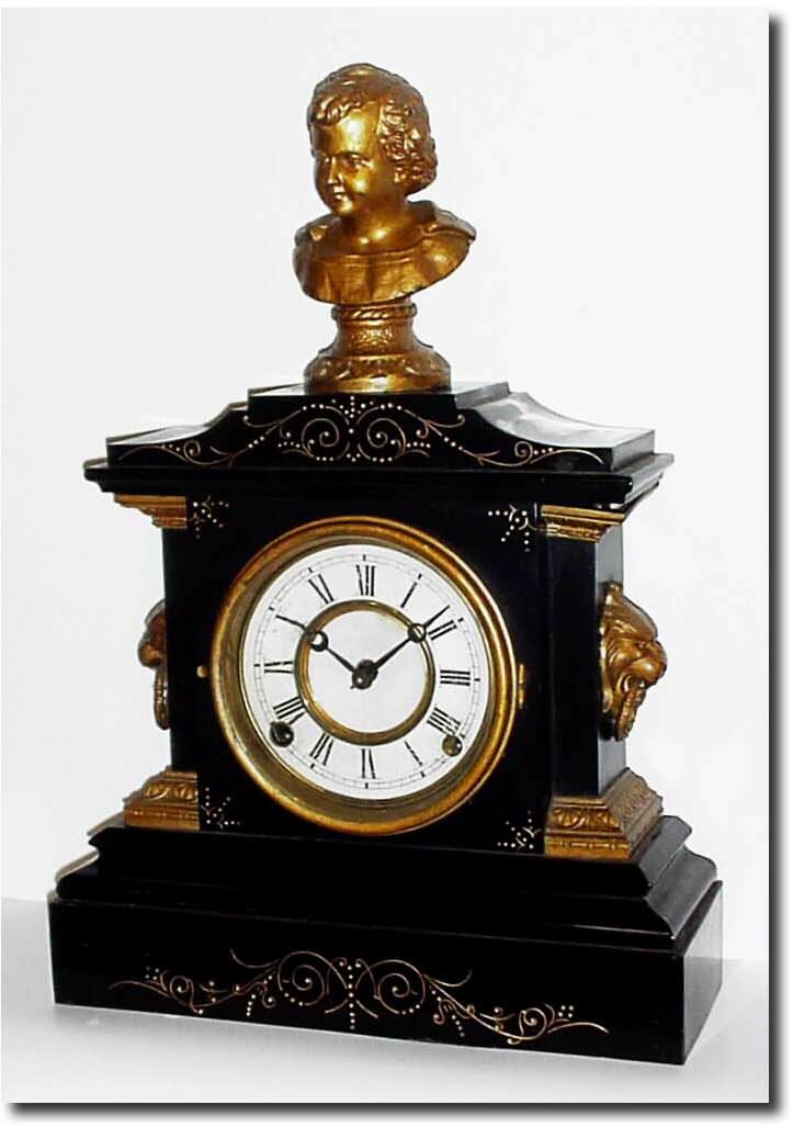 C.1876, H.J. Davies, New York, Patent iron clock with black enamel finish and original gilding and statue of Beethoven intact. — Antique Clocks Price Guide