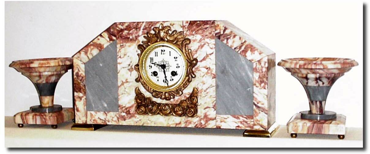 C.1920, French, Art Deco, 3-piece marble mantel set. — Antique Clocks Price Guide