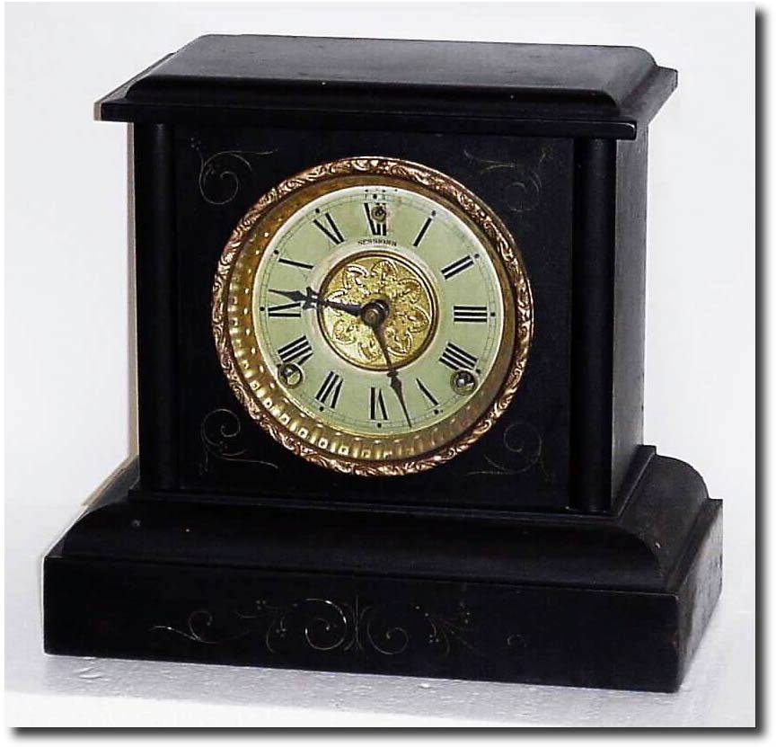 C.1910, Sessions Black Enameled Wood, shelf clock in complete, but dirty condition. — Antique Clocks Price Guide